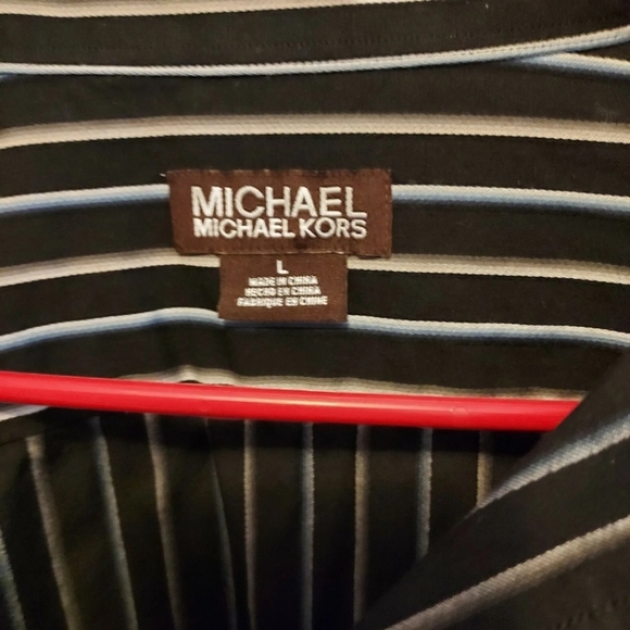 Michael Kors Long Sleeve Button Down Shirt Black w/ White & Blue Stripes Men's L - Picture 3 of 6